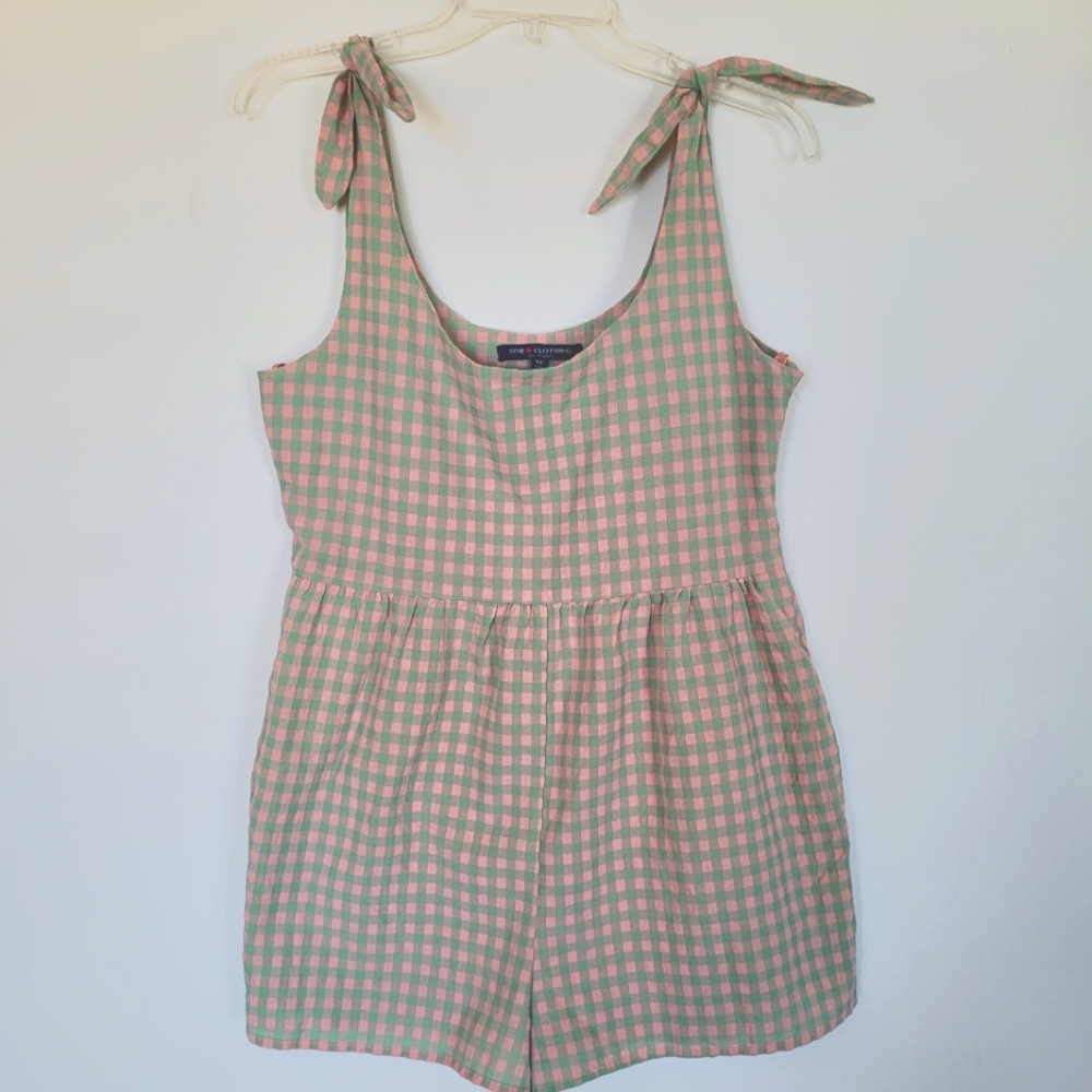 one clothing Pink and Green Gingham Tie-Shoulder Romper